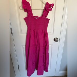 Hill House Magenta Ruffle-Shoulder Smocked Midi Dress